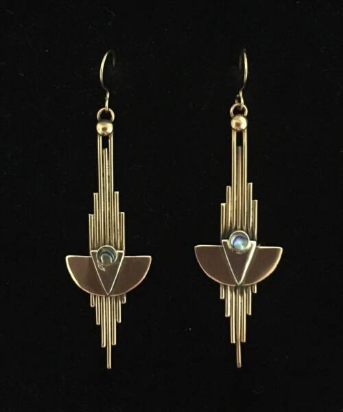 1980s Art Deco Revival Bronze Earrings with Abalone Shell Inlay