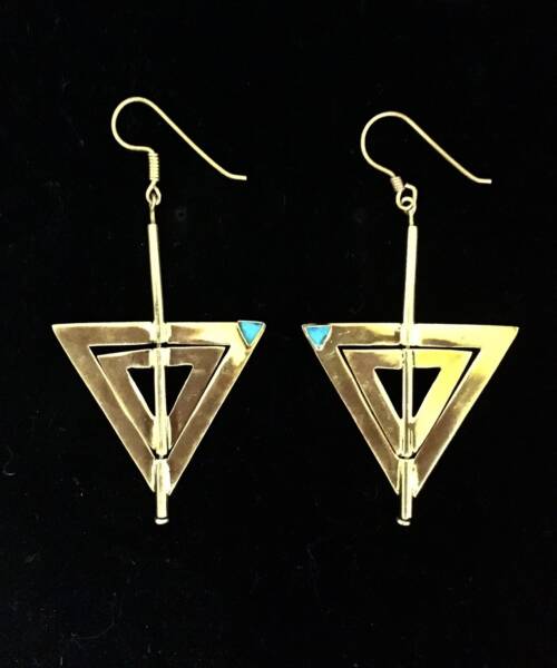 1980s Turquoise Inlay Kinetic Bronze Earrings