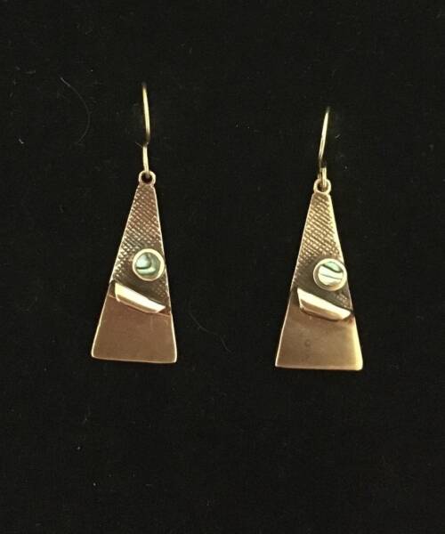 1980s Art Deco Triangle Earrings – Bronze with Abalone Detail