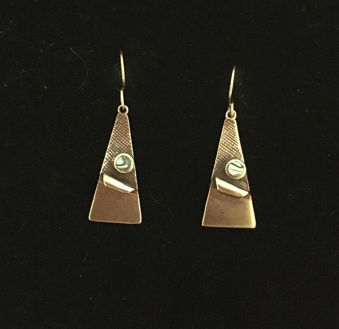 1980s Art Deco Triangle Earrings – Bronze with Abalone Detail