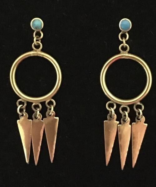 1980s Egyptian Revival Bronze Earrings with Turquoise Inlay