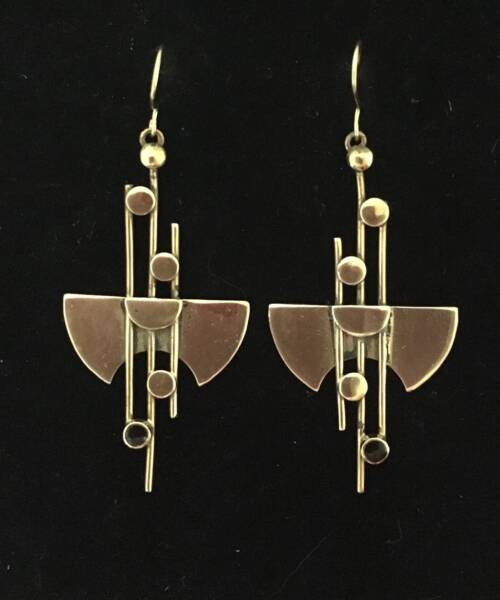 1980s Geometric Art Deco Onyx on Bronze Statement Earrings