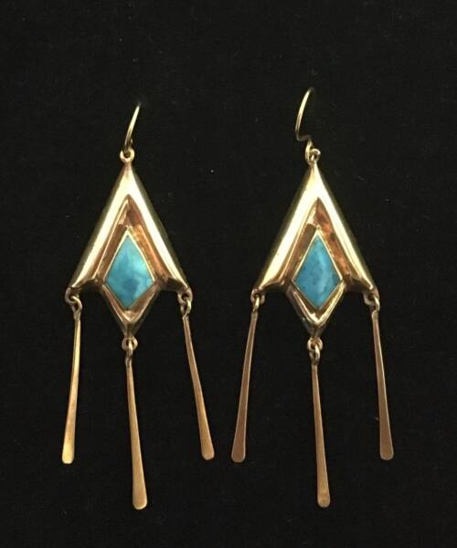 1980s Geometric Turquoise & Bronze Dangle Earrings