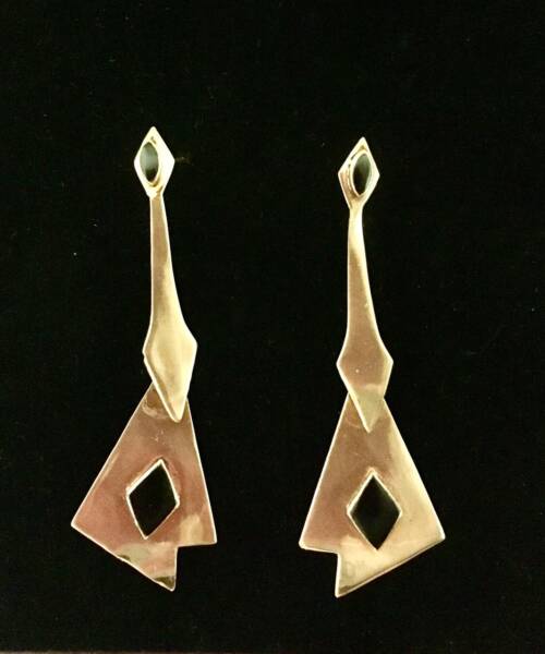 1980s Onyx Kinetic Bronze Earrings – Art Deco Revival Statement Jewelry