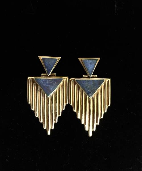 1980’s Large Vintage Silver, Lapis & Bronze Earrings – Art Deco Revival