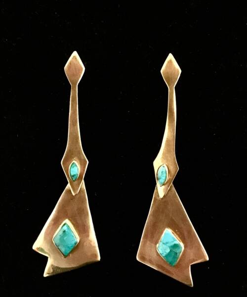1980s Turquoise Kinetic Bronze Earrings – Art Deco Revival Statement Jewelry