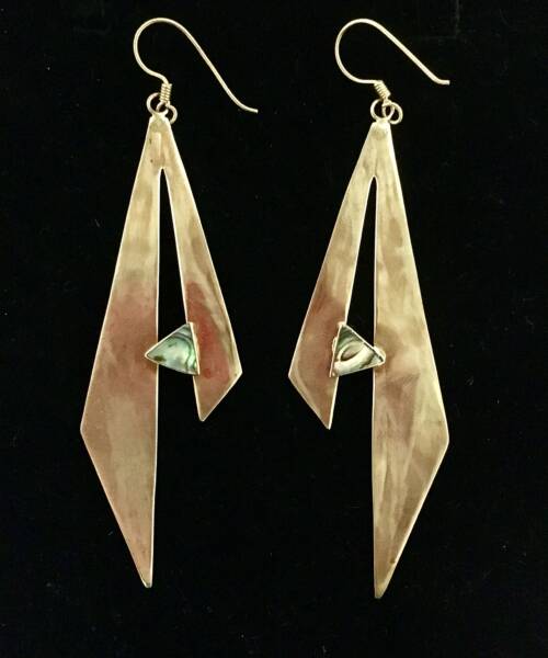 1980s Art Deco Revival Bronze Earrings with Abalone Shell Inlay