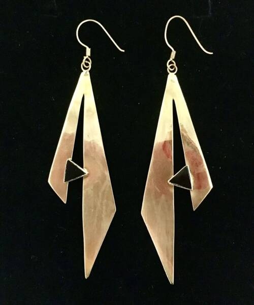 1980s Art Deco Revival Bronze Earrings with Onyx