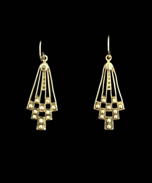 1980s Art Deco Fan Earrings – Bronze Geometry with Abalone detail