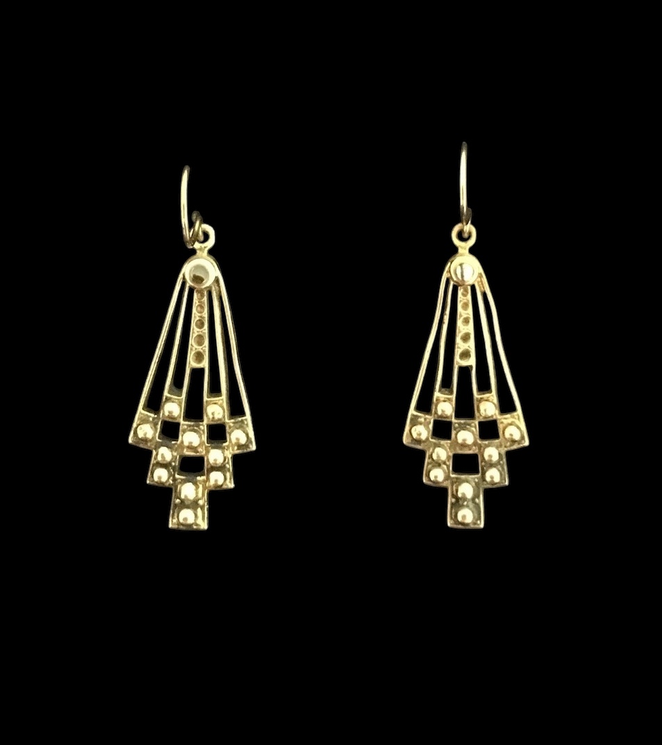 1980s Art Deco Fan Earrings – Bronze Geometry with Abalone detail